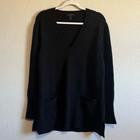 J Crew Black Alpaca Blend V Neck Front Pocket Tunic Sweater Supersoft Yarn Sz LG - Picture 2 of 11